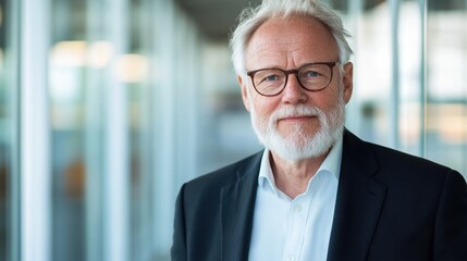 Naklejka premium Confident senior man smiling in modern office setting with glass panels.