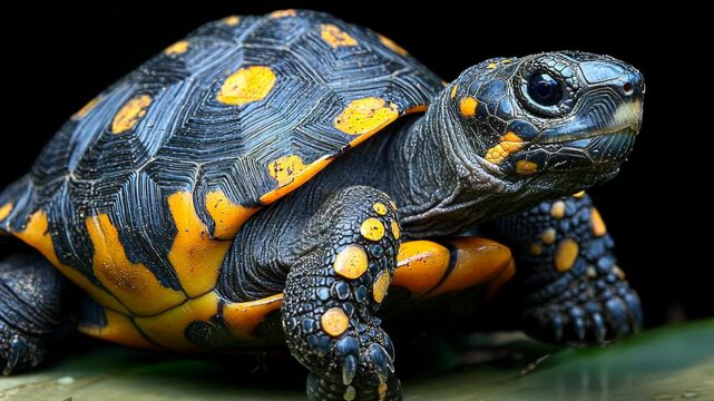 Close-up of a vibrant tortoise on a dark background showcasing its unique shell patterns