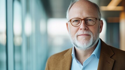 Fototapeta premium Confident senior man with glasses smiling in modern office environment.