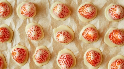 Close-up of strawberries coated in white chocolate and caramel, arranged neatly on parchment paper, top view