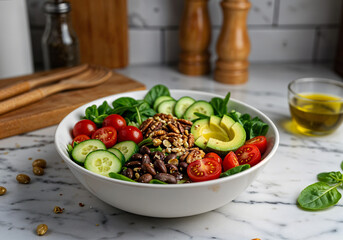 A colorful salad bowl filled with fresh greens, cherry tomatoes, cucumbers, avocado slices, and roasted nuts, drizzled with olive oil . Generative AI