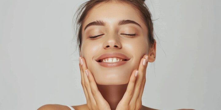 A young woman is joyfully smiling with her eyes closed, emanating a healthy glow. She exudes beauty, happiness, and youthfulness. The attributes include radiant skin, wellness, and skincare