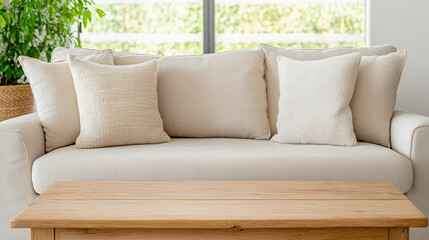 Cozy living room with beige sofa and wooden coffee table, perfect for relaxation