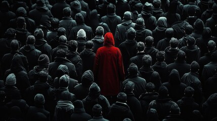 Amidst a crowd of indistinguishable dark figures, a lone individual clad in striking red captures attention in a dynamic urban environment. Their presence evokes intrigue and contrast