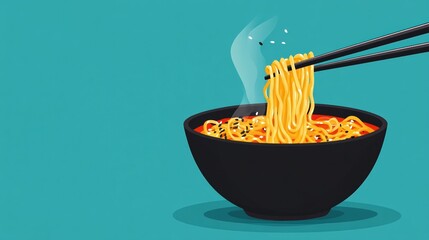 Delicious steaming bowl of noodles with chopsticks on a vibrant turquoise background.
