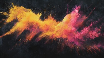 Colorful powder explosion with yellow and pink clouds blending into vibrant streaks on a dark textured background