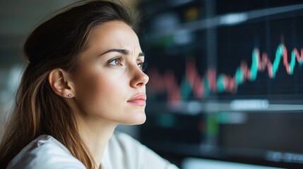 Naklejka premium Female analyst focused on market trends and stock performance in a modern office.