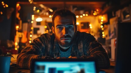 Obraz premium Serious man working on laptop at night in a cozy, dimly lit room.