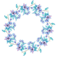 Wreath of blue lilac flowers. Watercolor