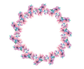 Wreath of blue rose flowers. Watercolor