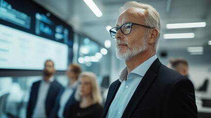 Focused professional in a modern office environment observing data metrics on screen.