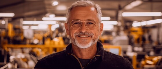 Confident Mature Man Smiling in Factory Setting