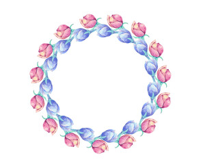 Wreath of blue rose flowers. Watercolor