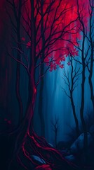 Obraz premium Wallpaper of a forest with red and dark trees illustration 