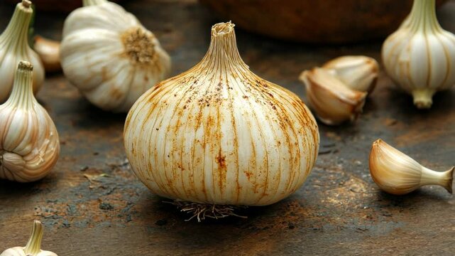 Fresh garlic bulbs on rustic surface with scattered cloves nearby