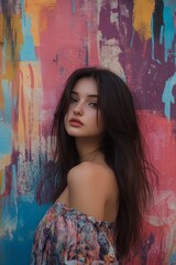 Naklejka premium Young Woman with Long Hair Posing Against Colorful Wall Art