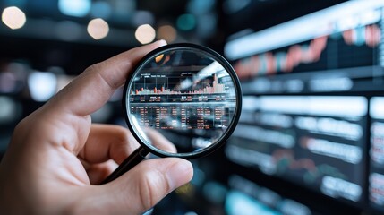 Hand holding magnifying glass over stock market data for analysis and evaluation.