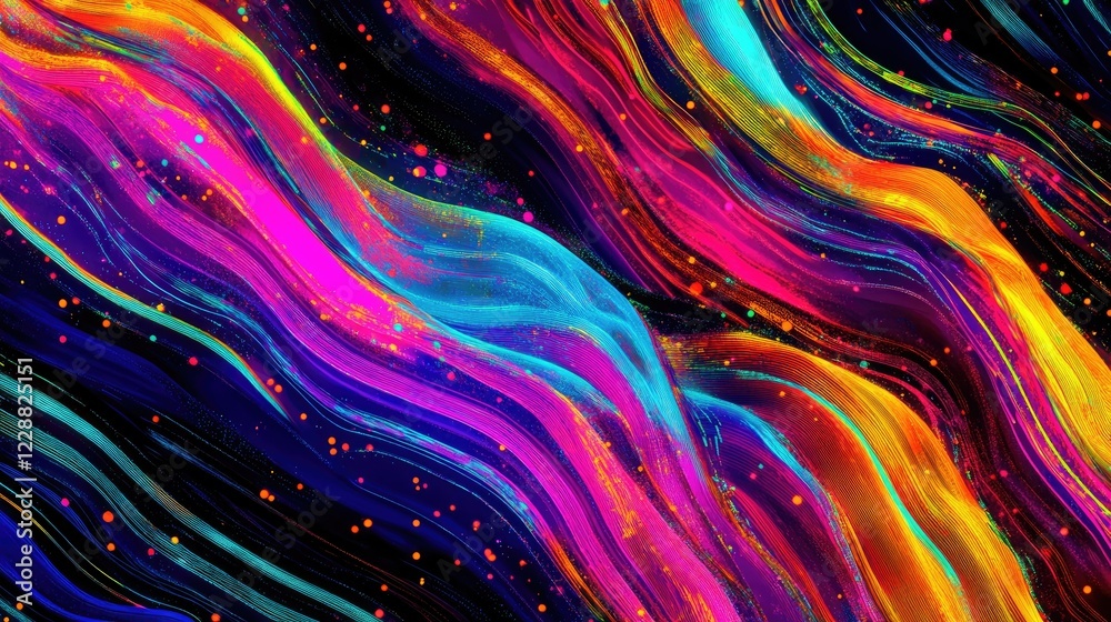 Poster flowing lines of data streams in vibrant colors, representing big data and blockchain technology, wi