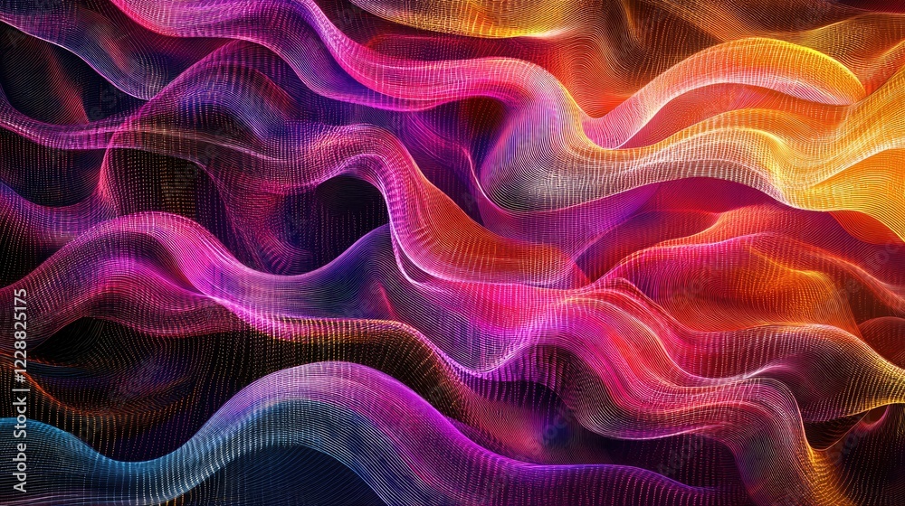Poster flowing lines of data streams in vibrant colors, representing big data and blockchain technology, wi