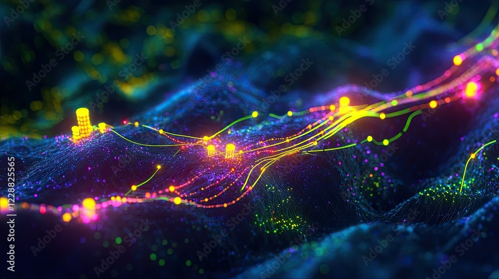 Poster futuristic big data visualization with neon network lines and streaming blocks, perfect for blockcha