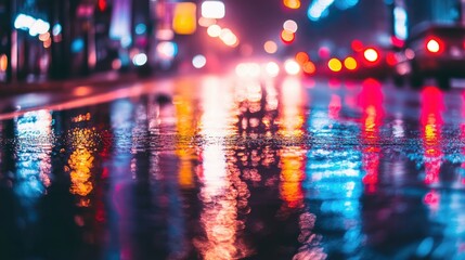 Fototapeta premium LED streetlights reflecting on a wet road at night, showcasing energy efficiency.