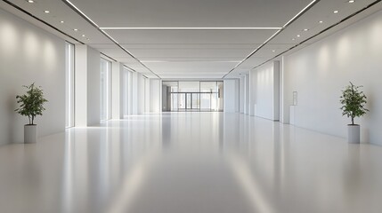 Fototapeta premium Modern empty hallway with large windows and minimalistic design, enhancing natural light.