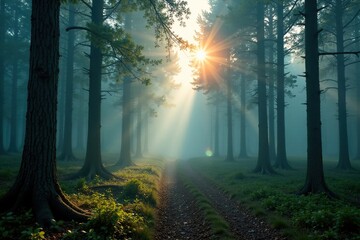 Fototapeta premium Foggy morning in a dense forest with sunlight peeking through trees, foggy, morning