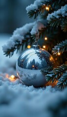 Frozen silver sphere nestled in coniferous tree foliage with warm white string lights, frozen, wintry, icy