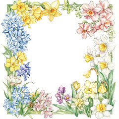 Obraz premium Colorful floral border with various spring flowers framing a blank space for creative designs