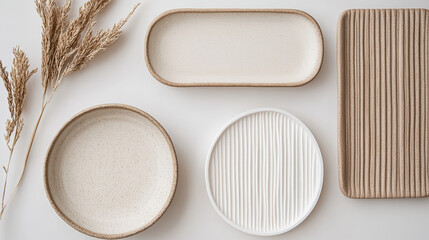 Eco friendly ceramic plates and trays arranged with dried plants