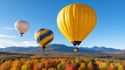 Obraz premium fleet of colorful hot air balloons soaring above autumn foliage