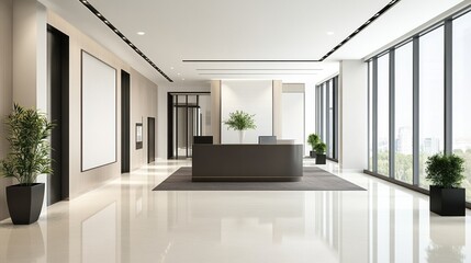 Modern office interior featuring sleek furniture and large windows for natural light.