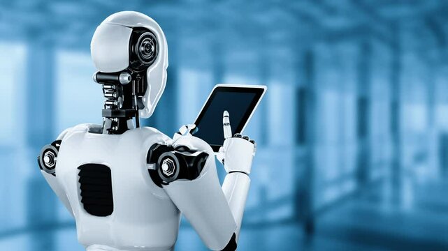 Robot hominoid using tablet computer for big data analytic using AI thinking brain , artificial intelligence and machine learning process for the 4th fourth industrial revolution . 3D rendering.
