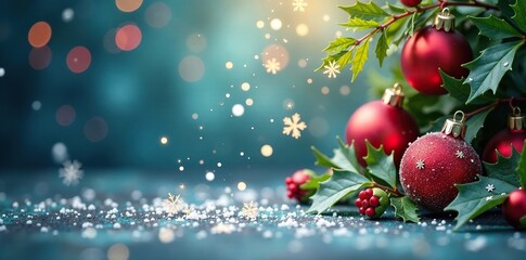 Sparkling snowflakes gently fall on a serene Christmas background with colorful baubles, ivy, holly, holiday lights