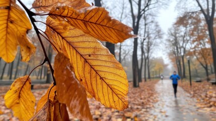 Obraz premium Jogger glides through an autumnal path, blanketed in fallen leaves and vibrant foliage, embracing the crisp air and serene beauty of the season.
