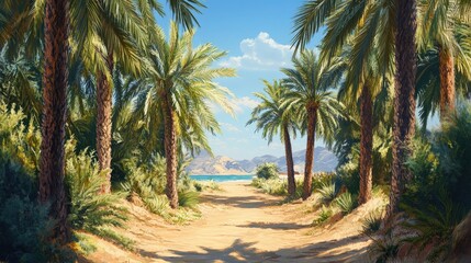 Scenic view of a sandy pathway surrounded by dense date palm trees under a bright blue sky in a calm desert setting, natural beauty