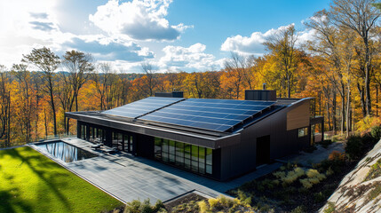 Obraz premium Sustainable house with rooftop solar panel array in autumn setting