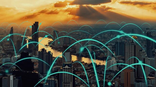 Smart digital city with globalization abstract graphic showing connection network . Concept of future 5G smart wireless digital city and social media networking systems .