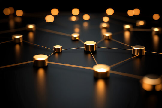 3d Social networking gold chrome nodes background, interconnected by golden lines to form a grid structure, indicating interconnections and relationships in the social community or business
