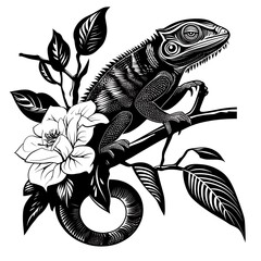 Fototapeta premium Lizard on branch with flower, black and white design, artistic illustration, for poster or print