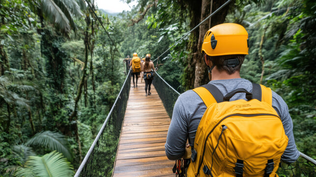 Explorers in helmets and backpacks crossing forest canopy bridge