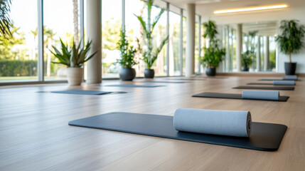 serene fitness studio with yoga mats and plants for relaxation