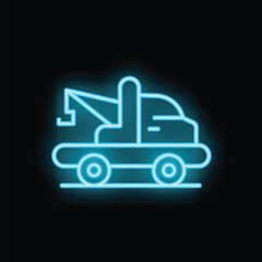 Blue neon sign representing a tow truck, glowing on a black background