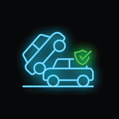 Blue neon icon of a car flipping over with a green check mark on a shield above a protected car on a black background