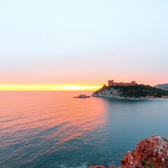 Fototapeta premium Dramatic Sunset Coastal Castle View Ocean Seascape Medieval Architecture Holiday Tr
