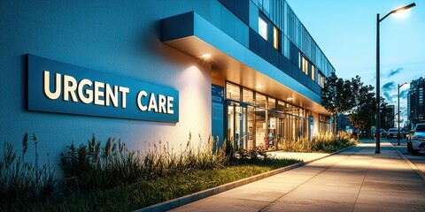 Urgent care facility at dusk with illuminated signage and greenery.