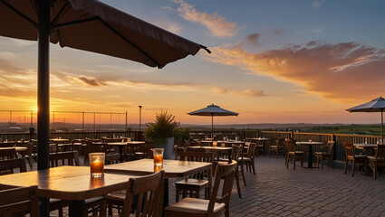 Charming outdoor cafe overlooking the sunset sky