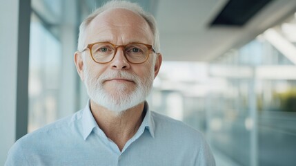 Fototapeta premium Senior man with glasses in a modern office setting, smiling confidently.