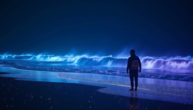 Night Beach Scene with Bioluminescent Waves and Ethereal Blue Glow