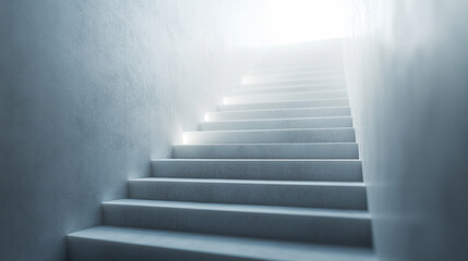 Concrete staircase ascending toward bright white background symbolizing progress, success, and clarity in a modern, minimalistic design with empty caption space for text